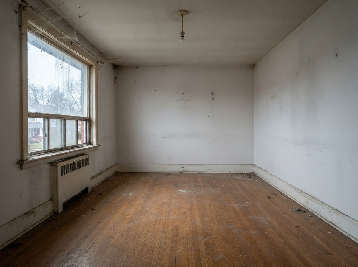A dusty, empty living room before a move-in cleaning