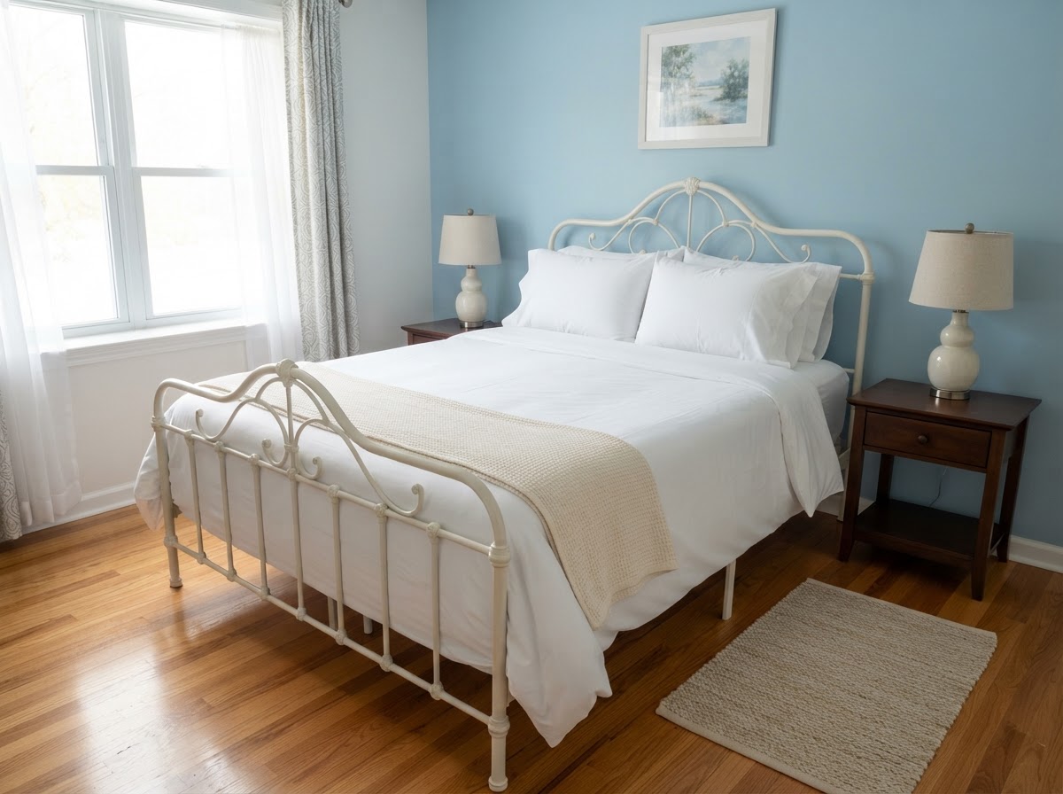 A bright, freshly made bedroom, the kind of calm, welcoming space a clean home makes room for