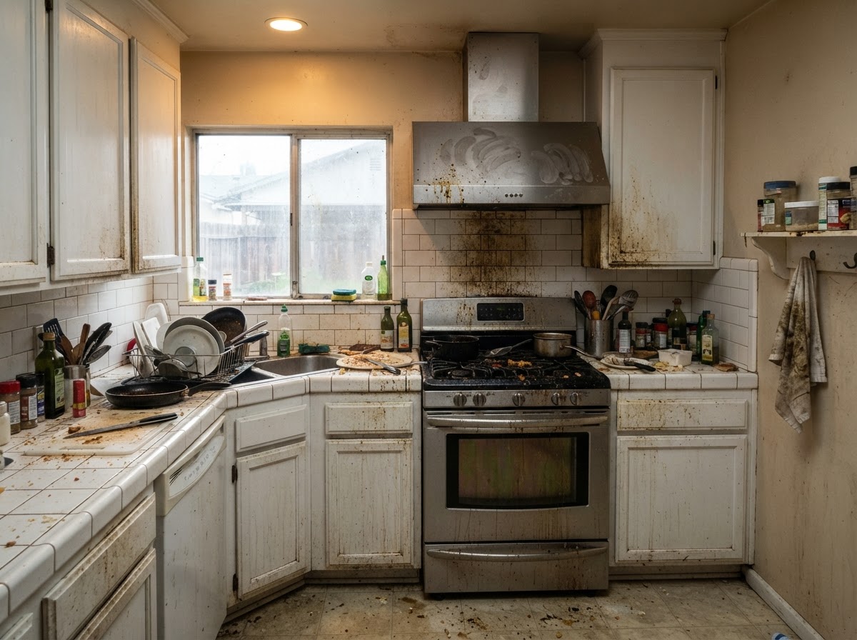 A greasy, crumb-covered kitchen with smudged surfaces before cleaning