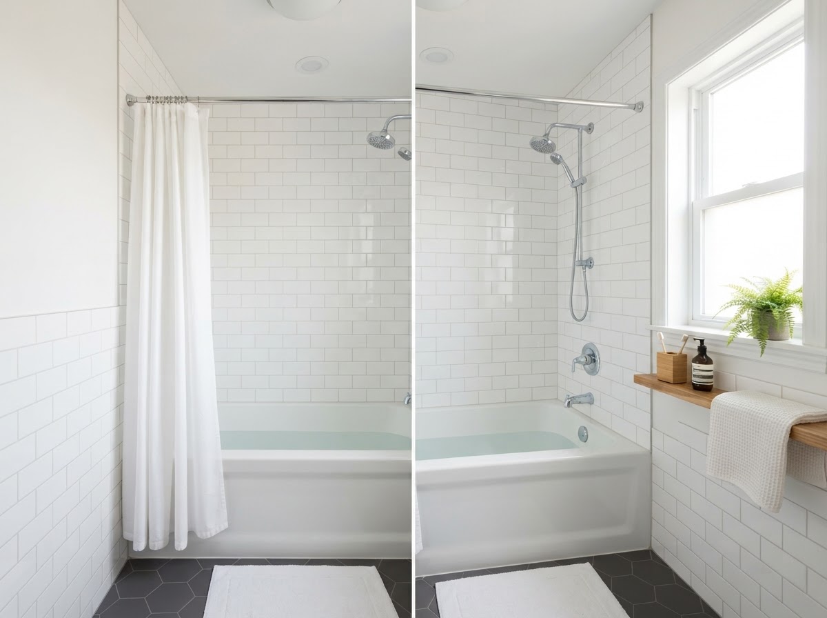 The same bathroom scrubbed and gleaming after a deep cleaning