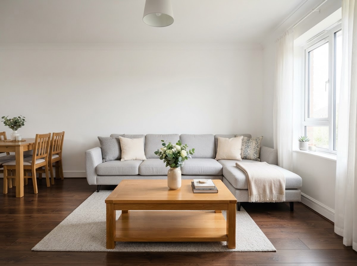 The same living room tidied and dusted after a standard cleaning