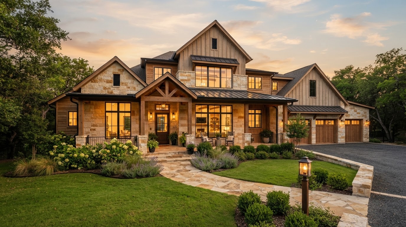 A custom-built home at golden hour
