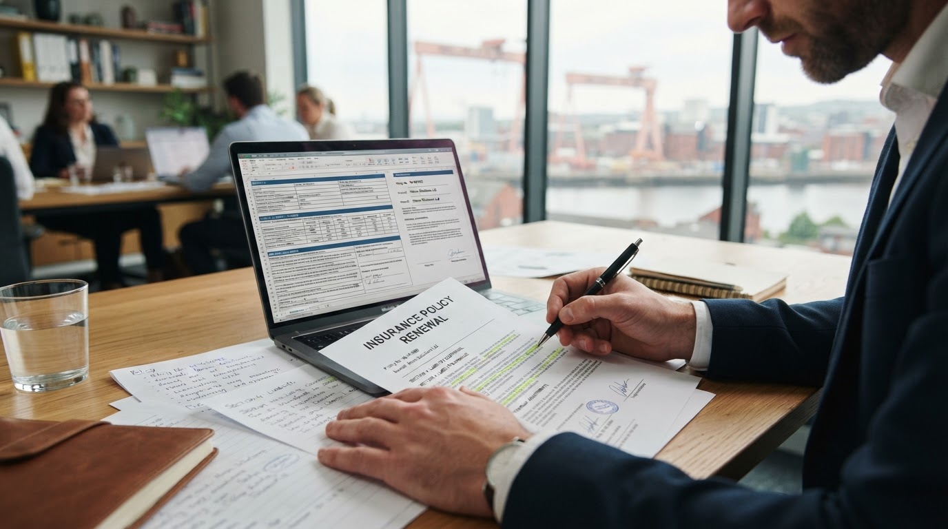 Insurance policy document with a pen and reading glasses on a desk, representing an insurance policy contract