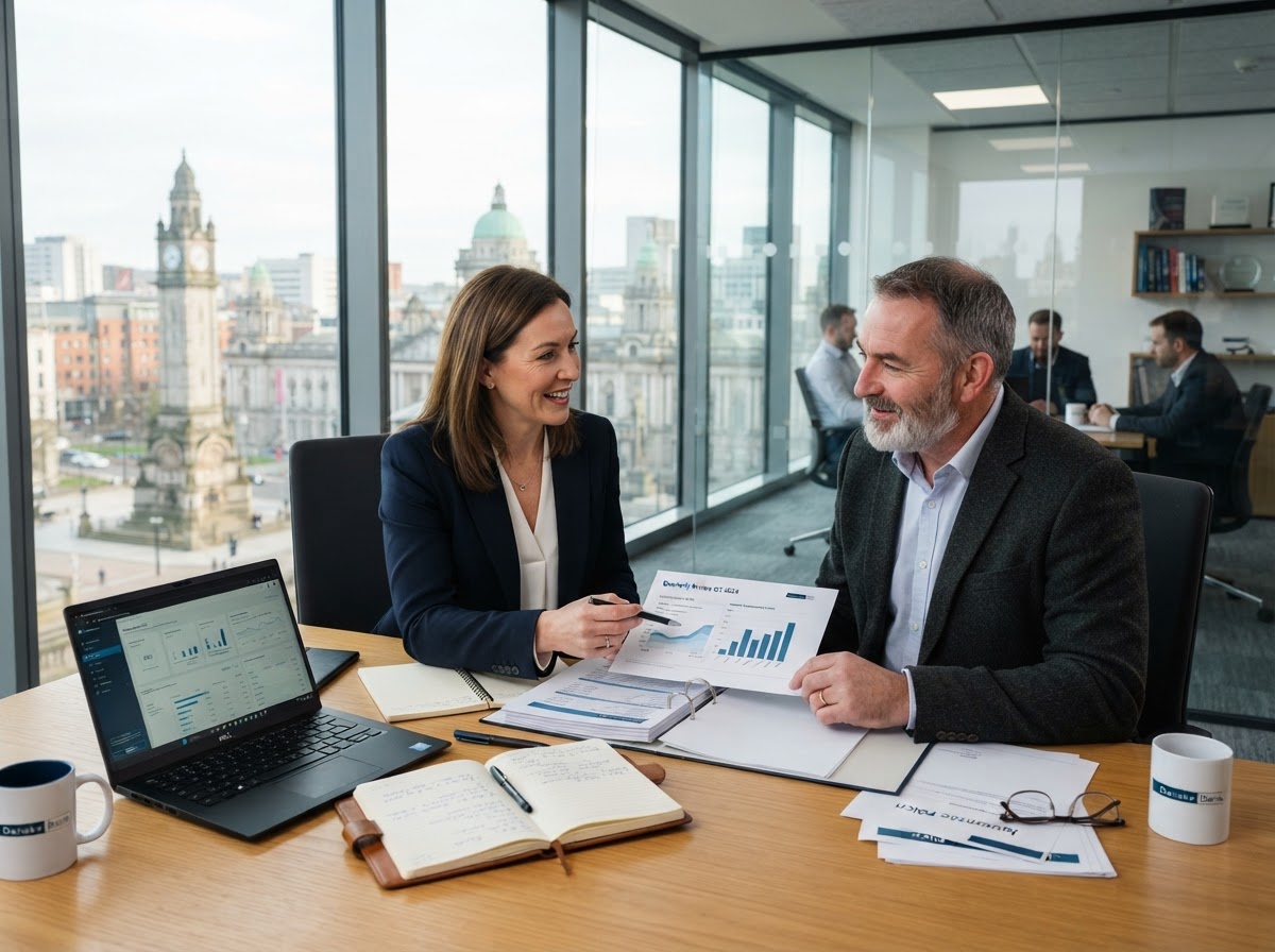 Belfast insurance broker's office interior with an advisor consulting a client across a desk, representing insurance providers