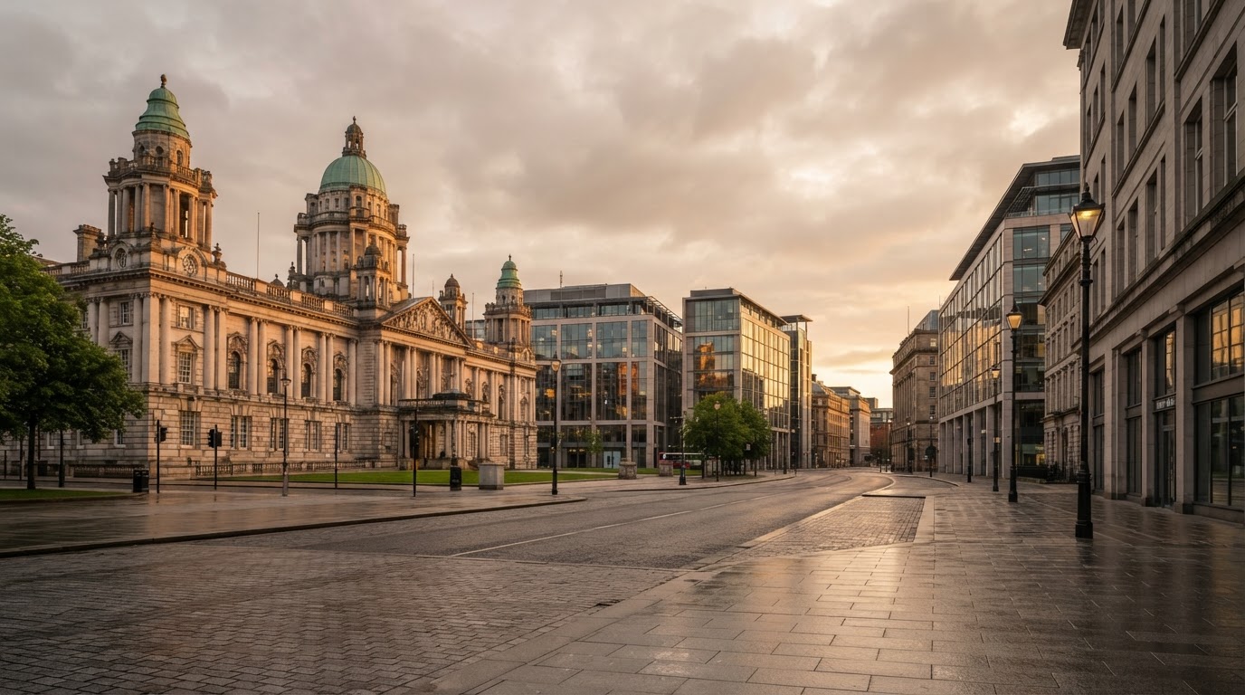 Belfast city centre commercial district with modern and Victorian office buildings under an overcast sky
