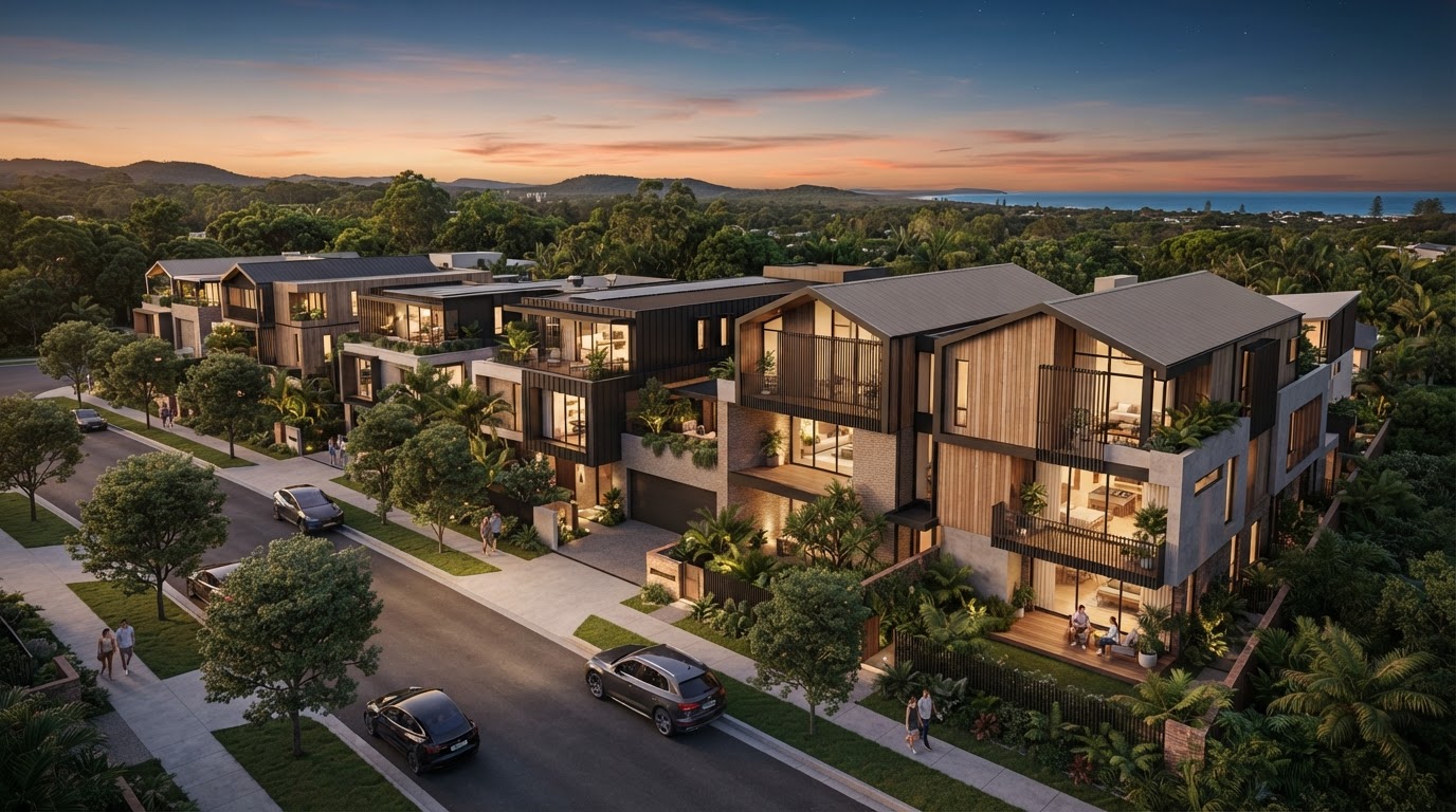 Cinematic twilight render of a residential development, slow move through the street, Fox Haus hero film placeholder.