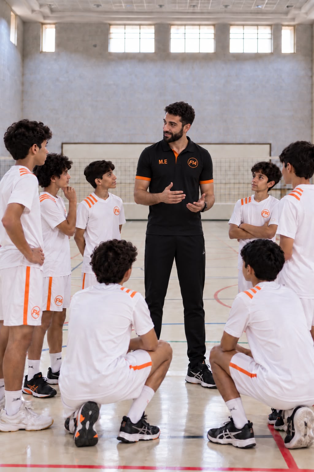 Volleyball coach with boys at Fourteen Academy