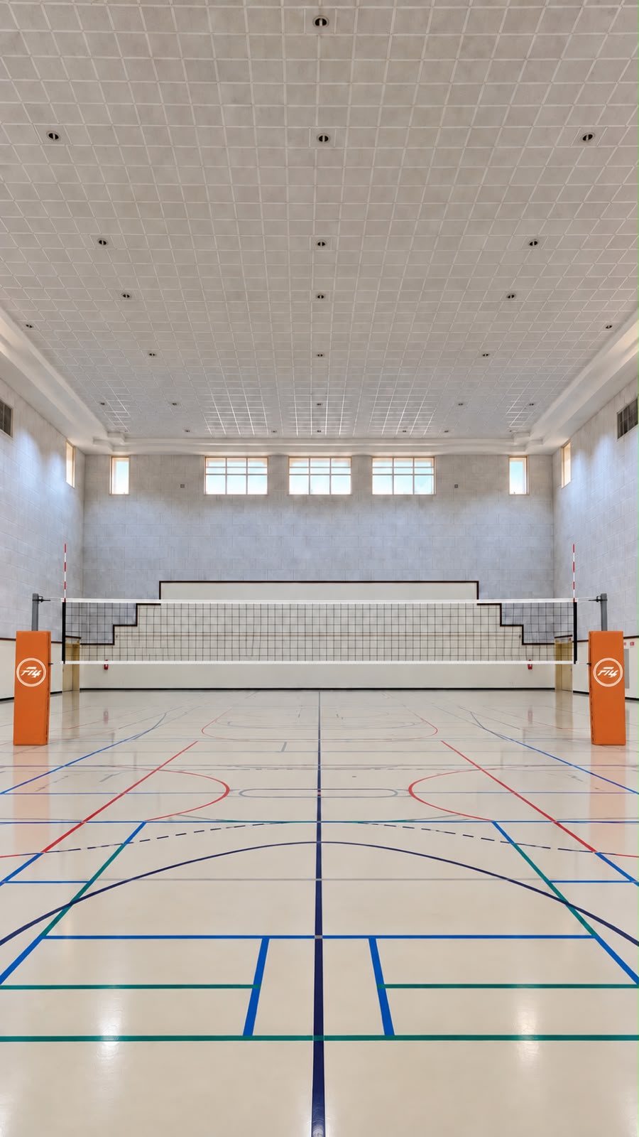 Volleyball hall at Lycée Voltaire with F14-branded net posts