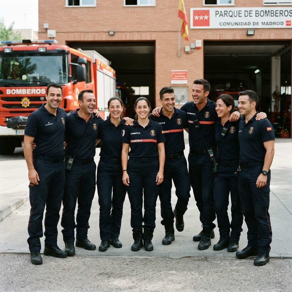 Equipo de bomberos posando juntos con uniforme de trabajo