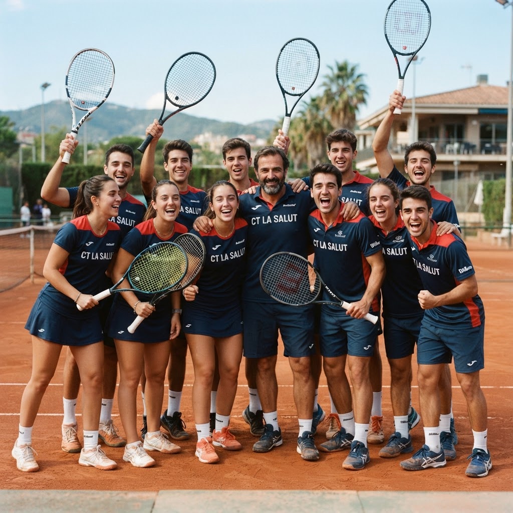 Equipo joven de tenis con su entrenador y raquetas