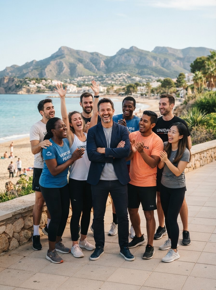 El jefe sonriendo con brazos cruzados en el centro, rodeado por su equipo diverso y entusiasta en ropa deportiva, con fondo de playa y montaña estilo La Nucía
