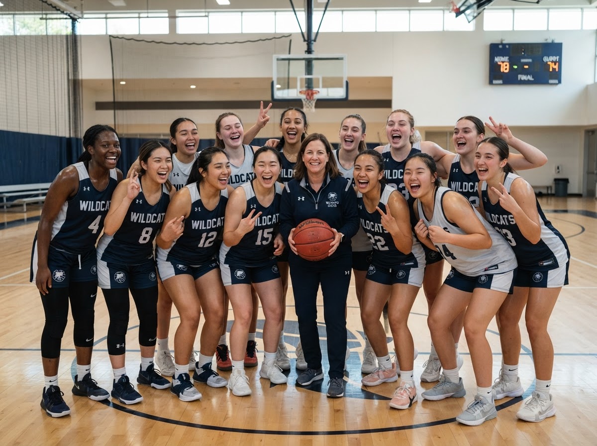 Equipo joven de baloncesto femenino con su entrenadora y un balón