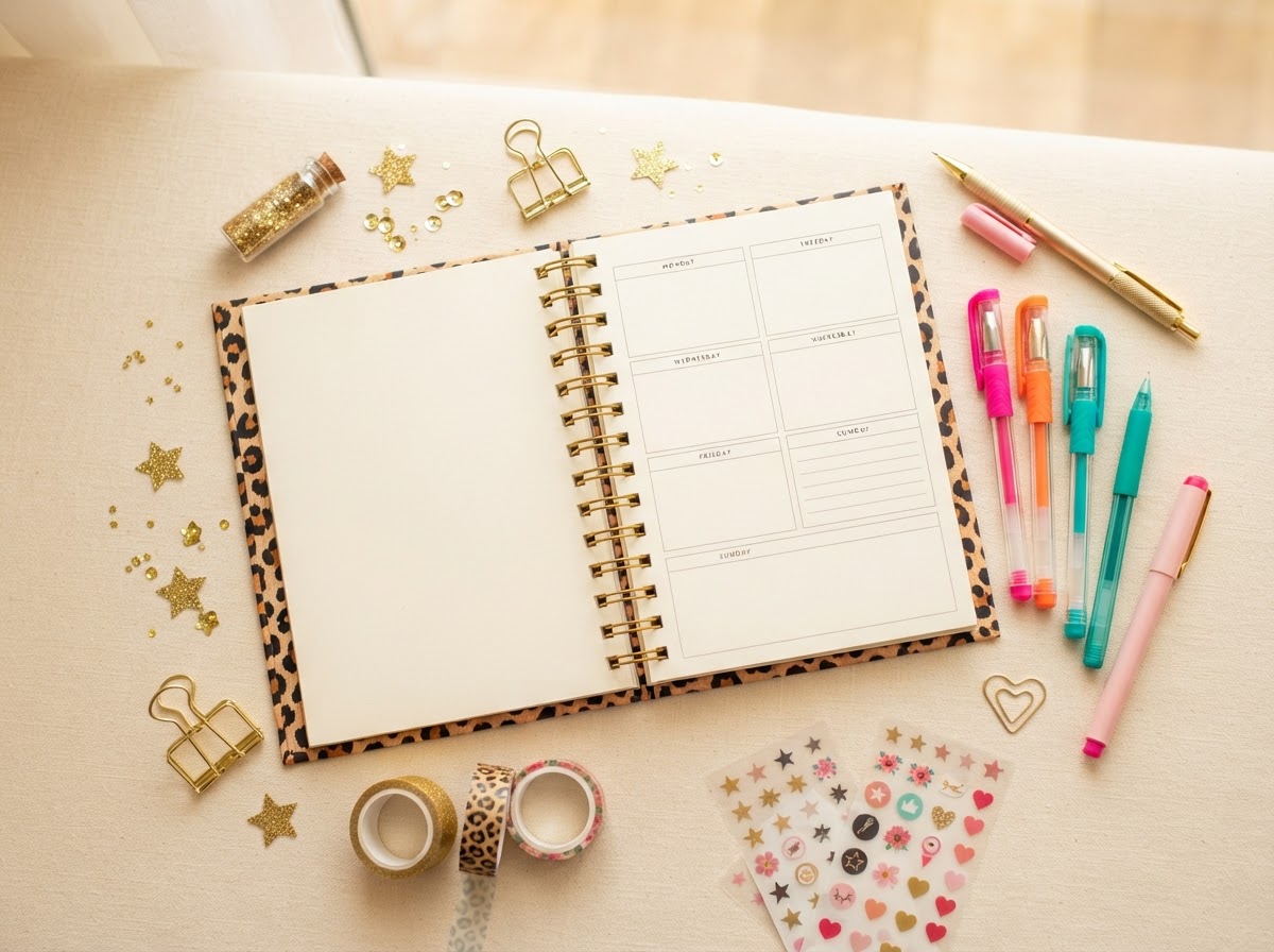 Open weekly planner with a leopard print cover surrounded by colorful pens and sparkle