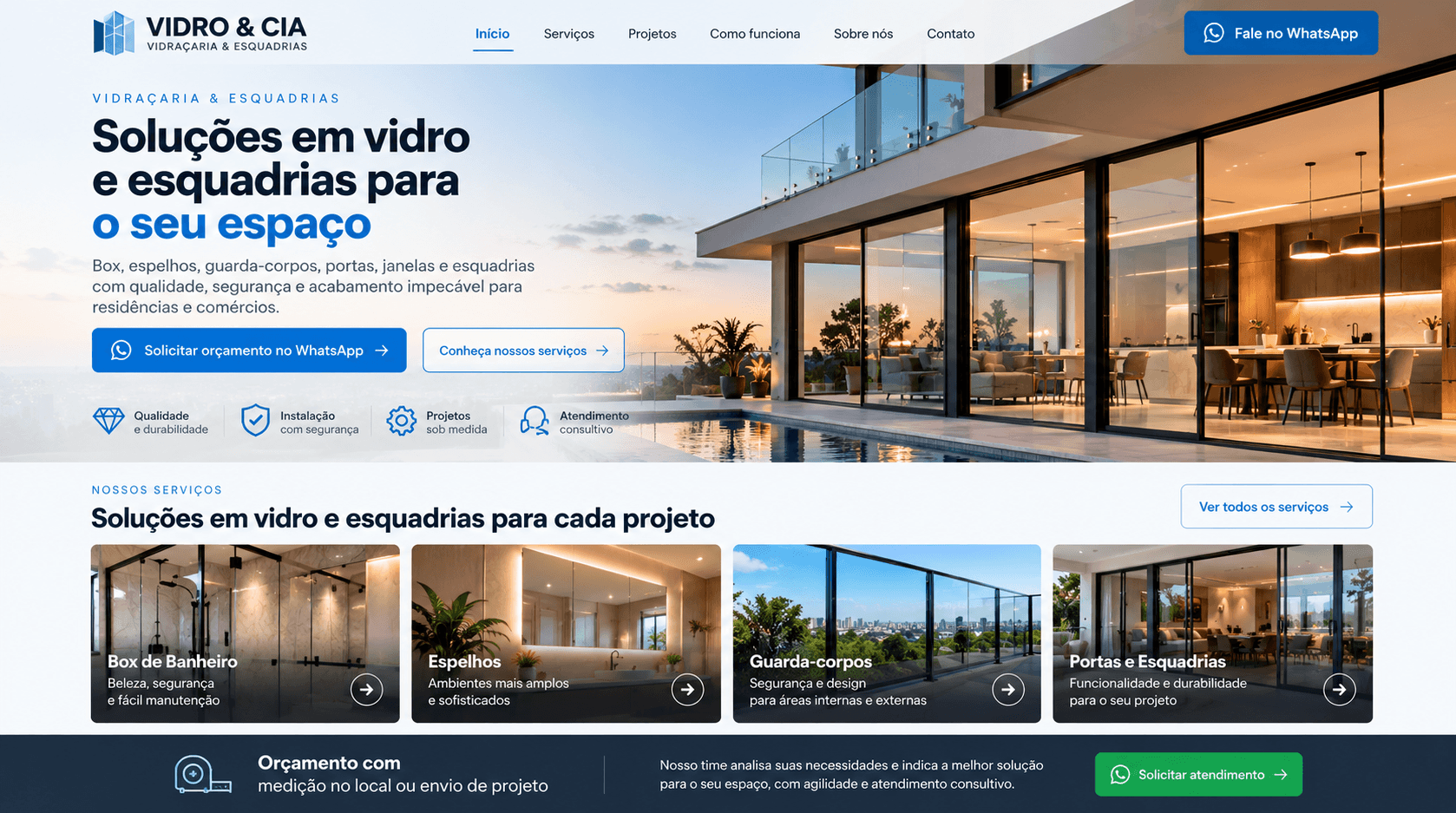Exemplo de demonstração de website para Vidraçaria e Esquadrias - Vidro & Cia