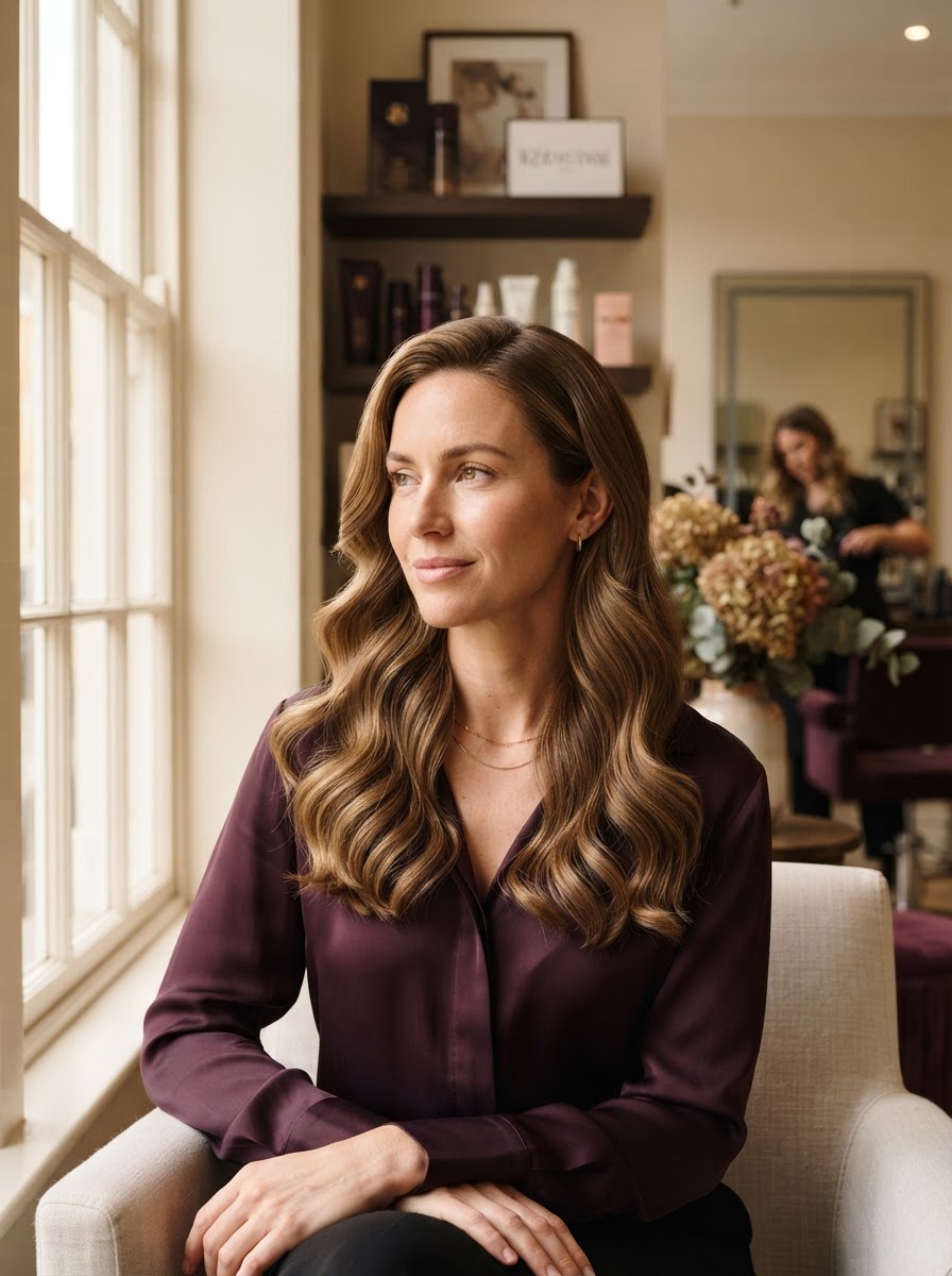 A finished soft-wave style on real hair — warm, natural light in a premium hair studio.