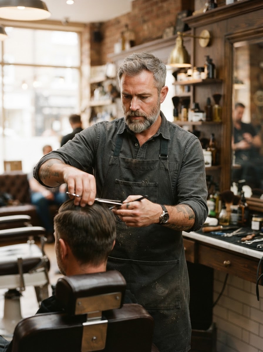 Portrait of barber Dion Reyes in the shop.