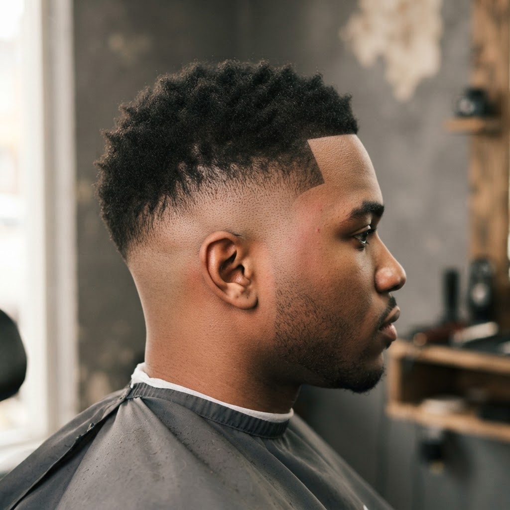 Close detail of a finished skin fade, side profile, shot in the shop.