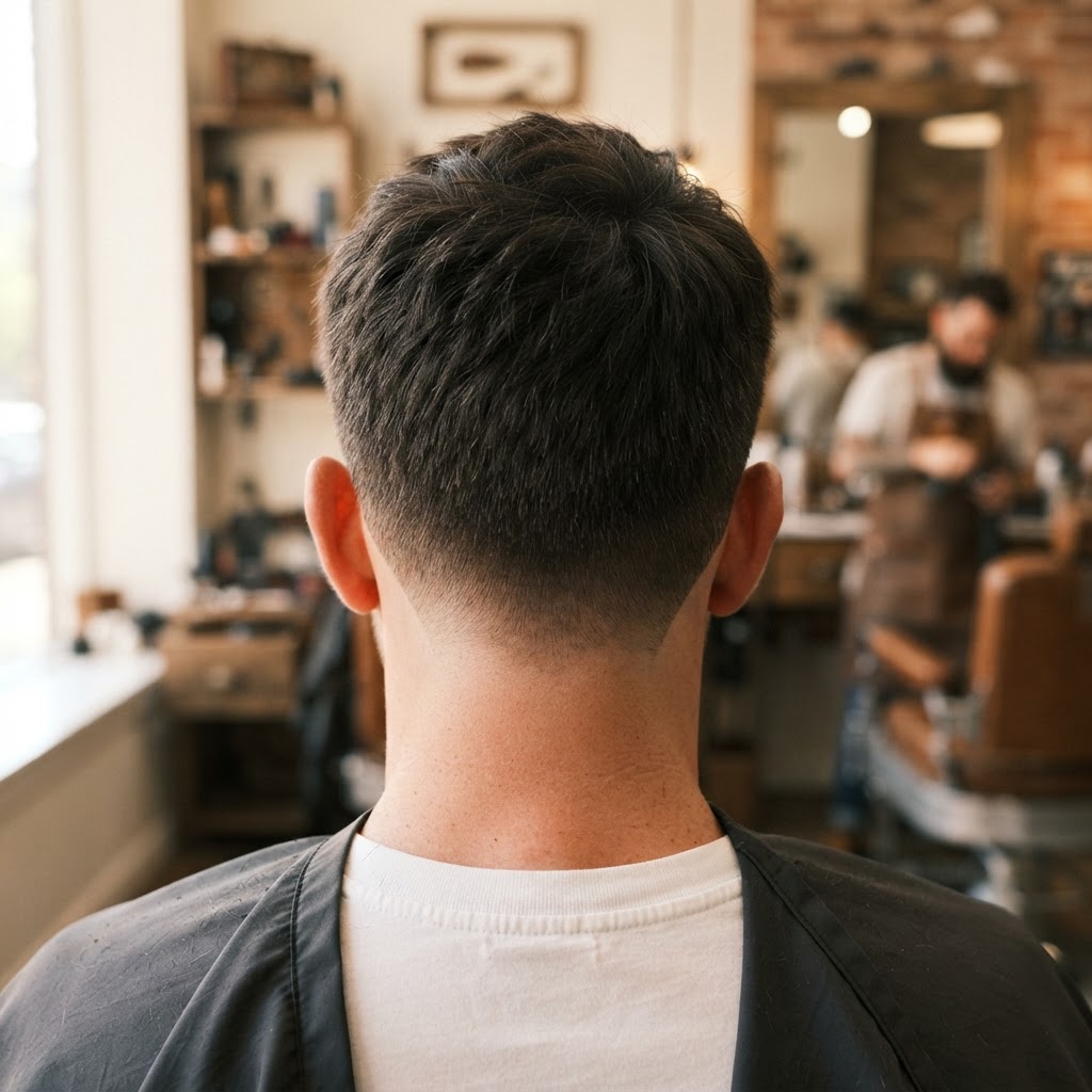 Back view of a clean natural taper cut, shot in the shop.