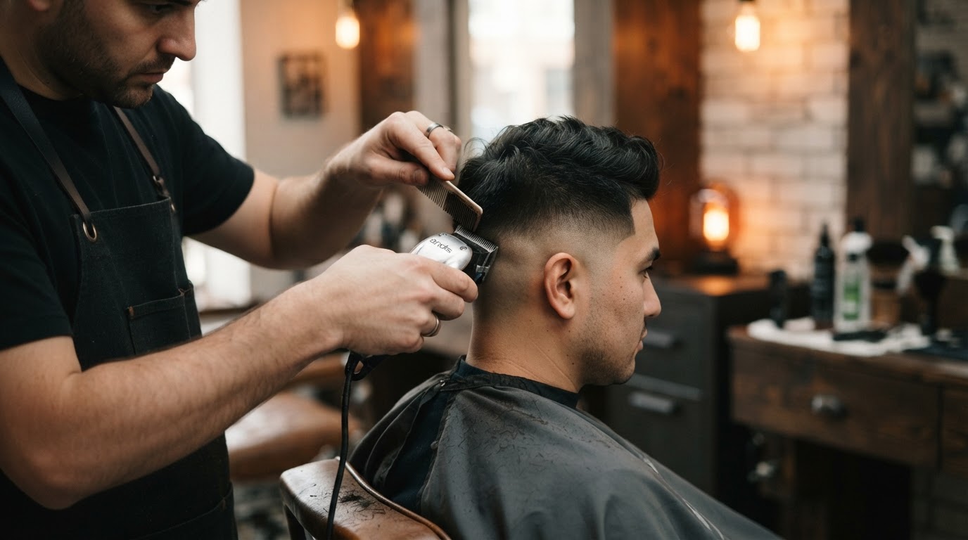 Close detail of a barber mid-fade on a client with dark hair, shot in the shop under warm light.