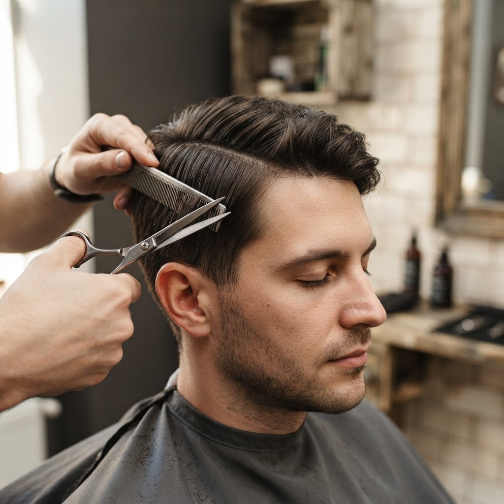 Side profile of a classic scissor cut with a neat side part, shot in the shop.