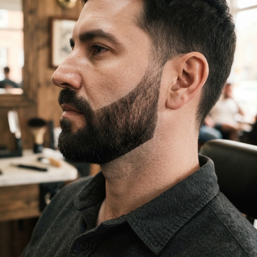 Close detail of a shaped and lined beard with defined cheek and neckline, shot in the shop.