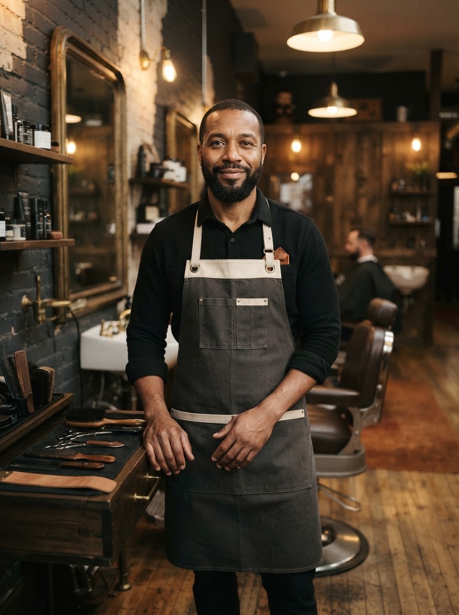 Portrait of barber Marcus Bell in the shop.