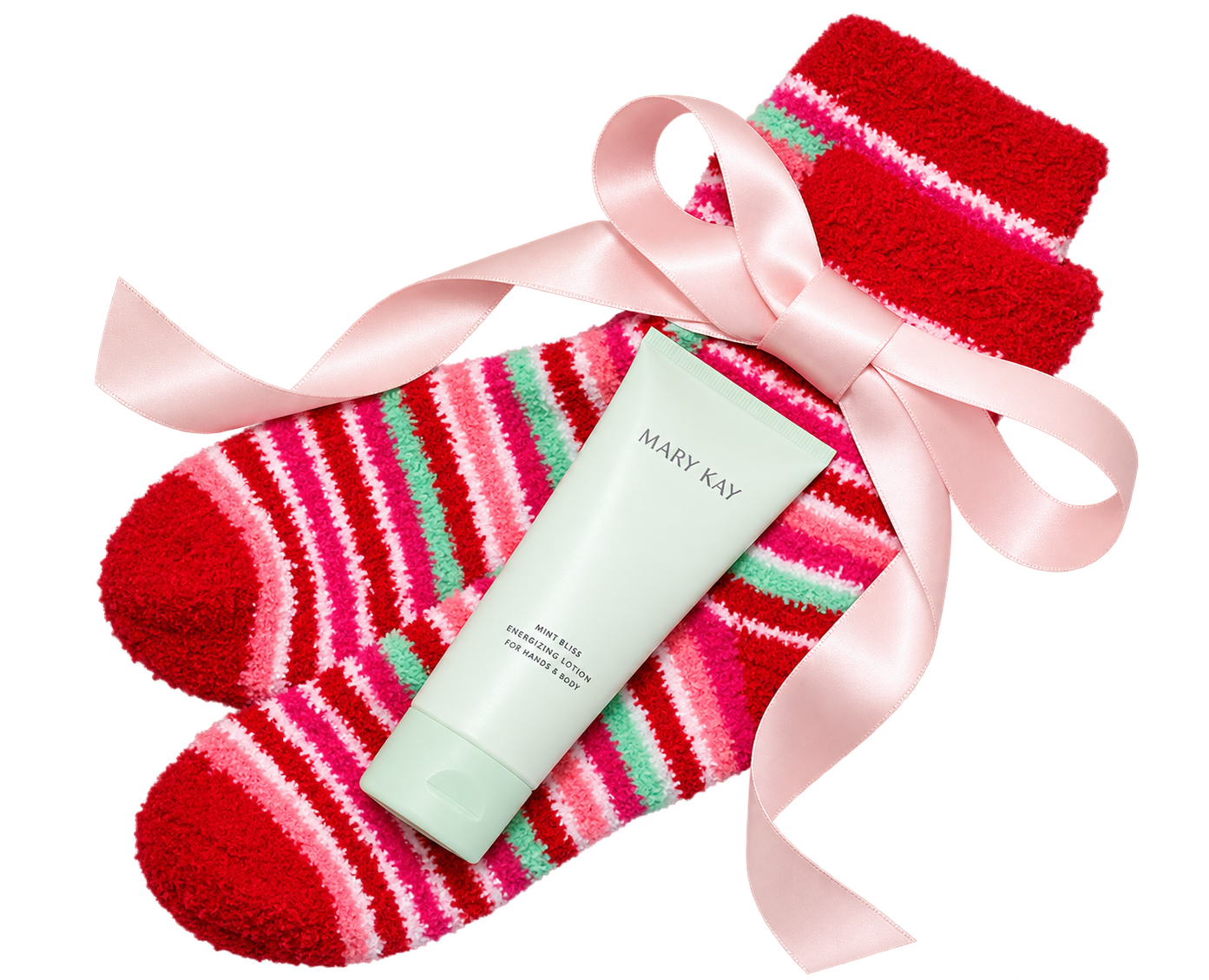 Cozy gift set featuring Mint Bliss lotion for feet and legs and fuzzy socks tied with a pink ribbon