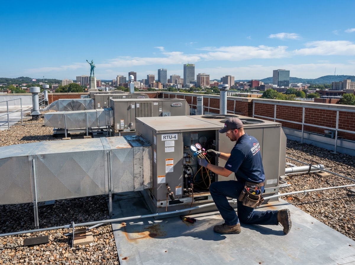 Commercial rooftop HVAC equipment serviced by Onecall