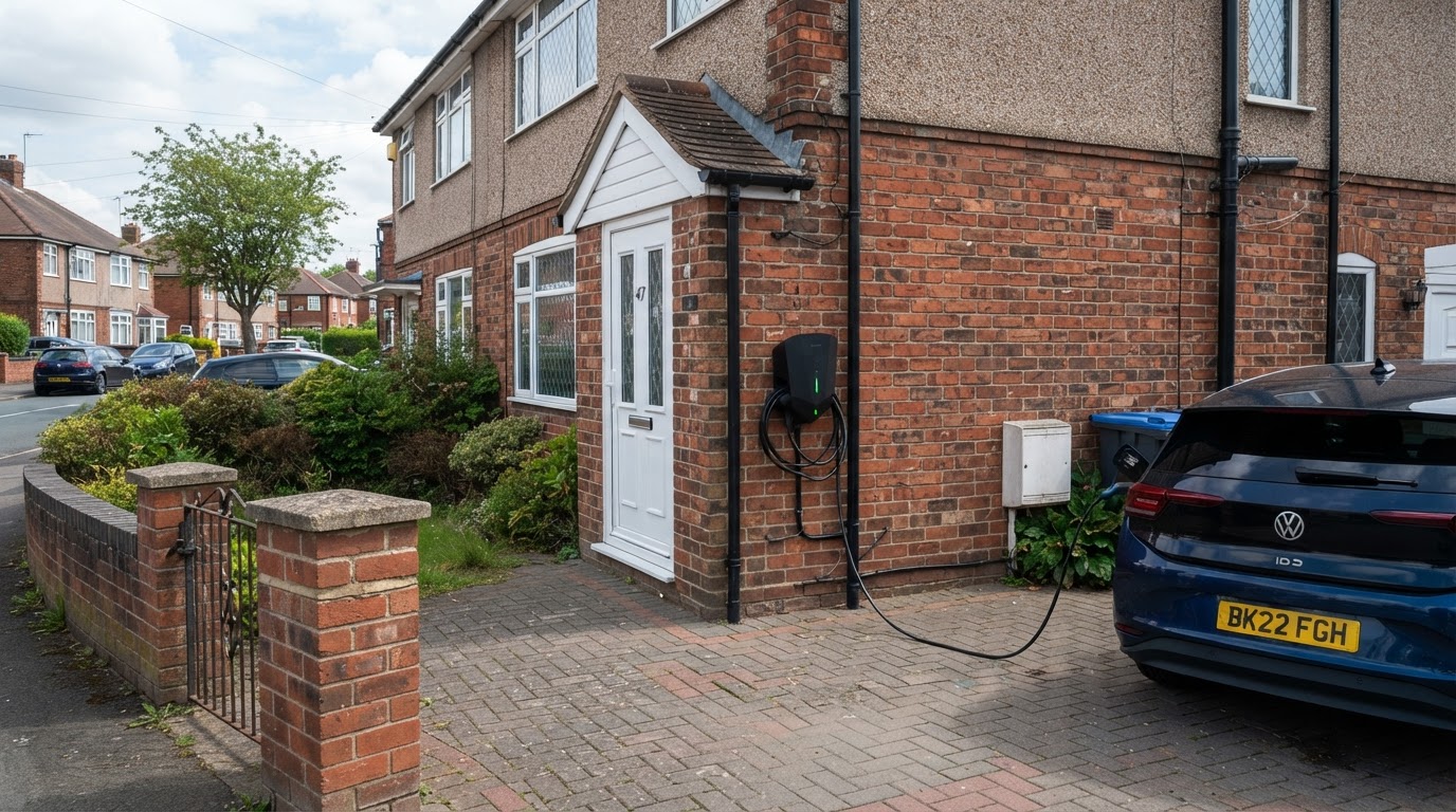EV home charger wall unit installed on a residential driveway in Aldridge