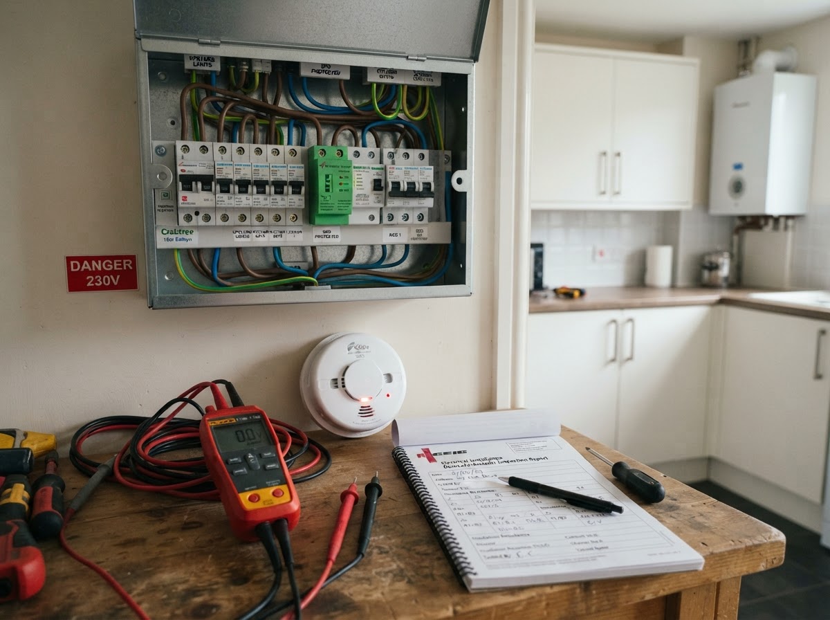 Electrical safety check of a metal consumer unit with RCD switches, a tester and smoke alarm in a Birmingham utility room