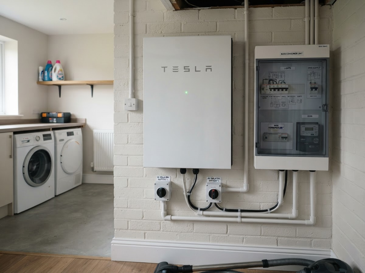 Wall-mounted home lithium battery storage unit installed in a Birmingham utility room
