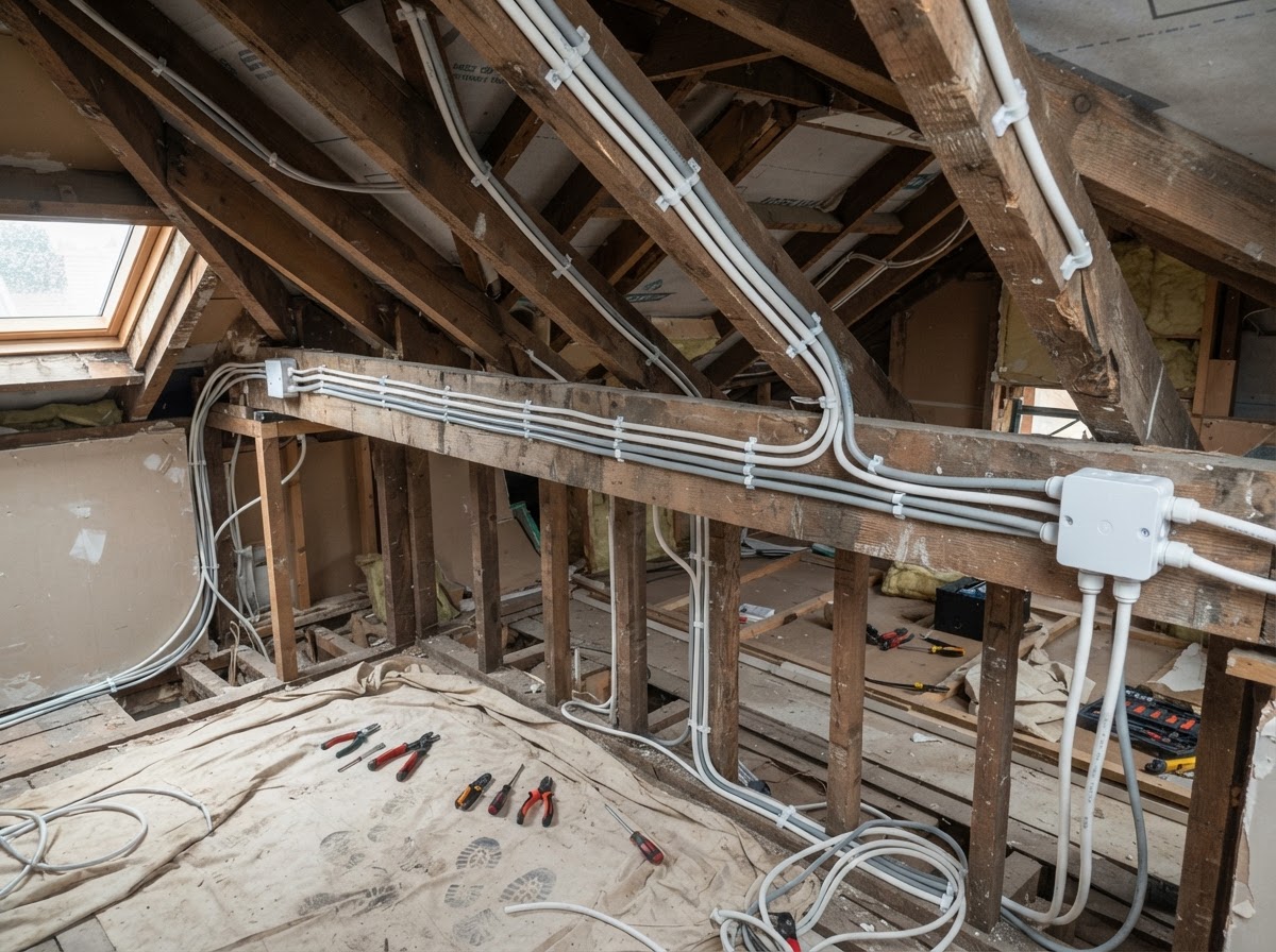 Neat runs of new electrical cable clipped along timber ceiling joists during a Birmingham house rewire