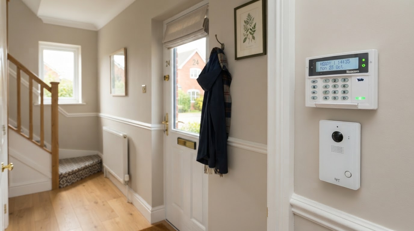 Modern intruder alarm panel mounted in a hallway in Great Barr