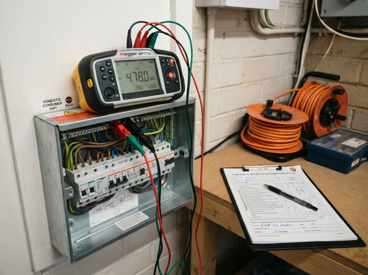 Electrical installation tester with test leads connected to a metal consumer unit during an EICR in Birmingham