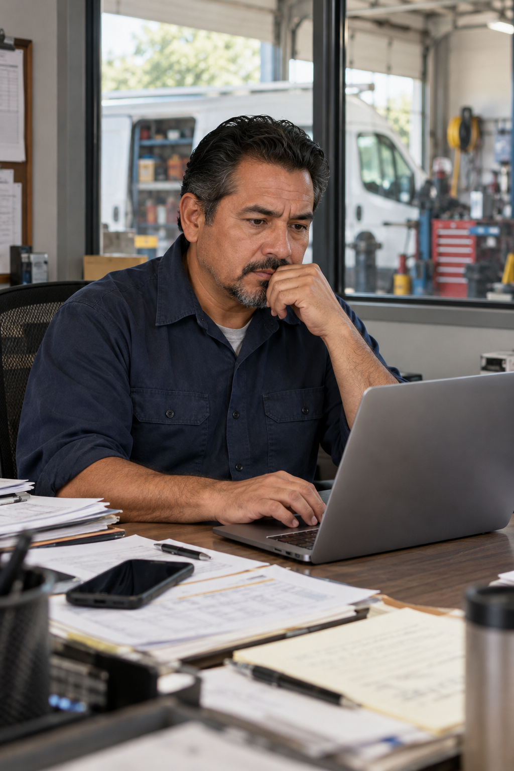 A local service-business owner reviewing marketing on his laptop, with job paperwork and a phone on his desk.