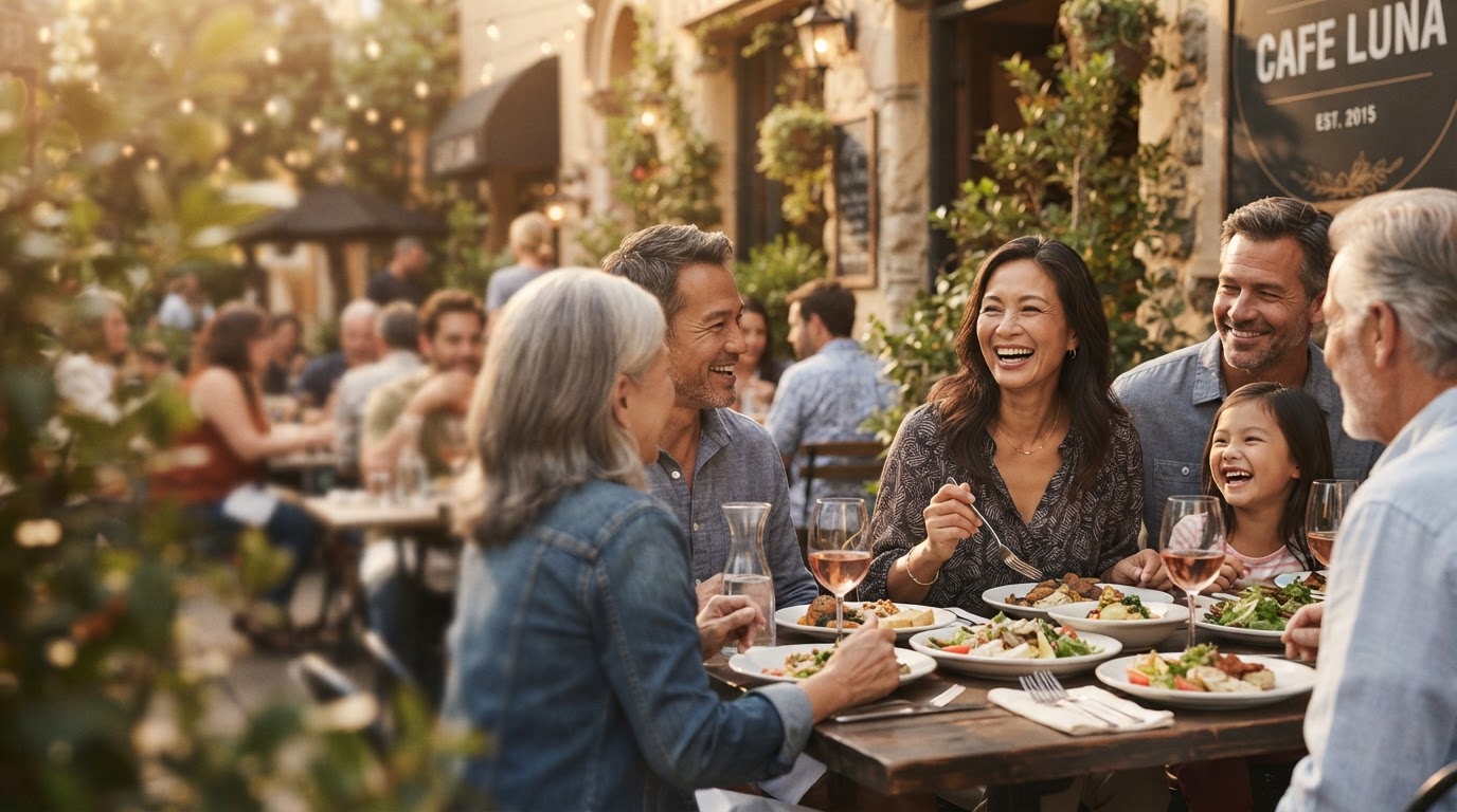 The same Asian woman local service-business owner from the opening image, now away from work, relaxed and laughing warmly while dining outdoors at a sunny cafe patio table with family and friends.