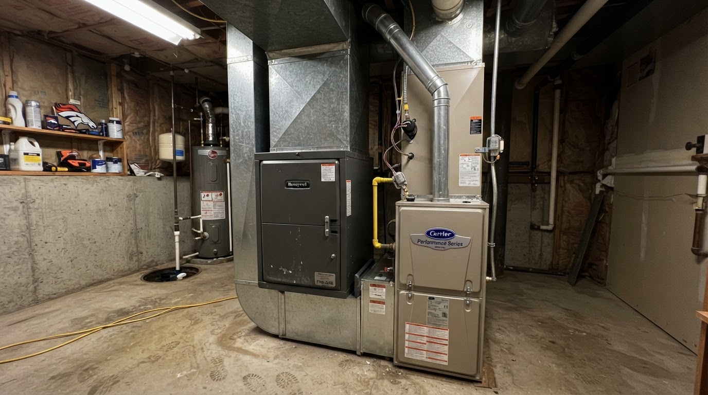 Whole-home air filter cabinet installed beside a residential furnace in Denver