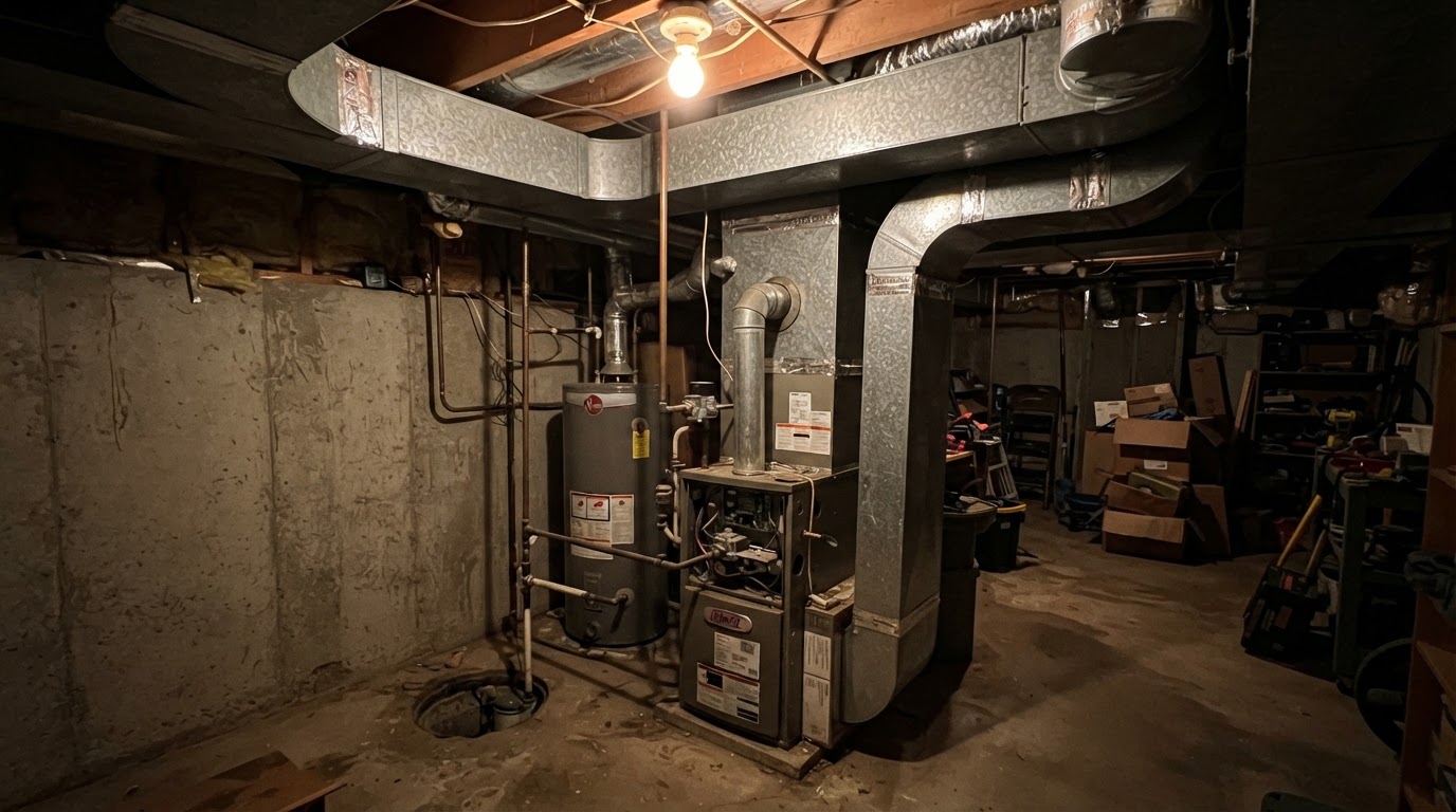 Residential furnace in a dimly lit Denver basement during an evening service visit