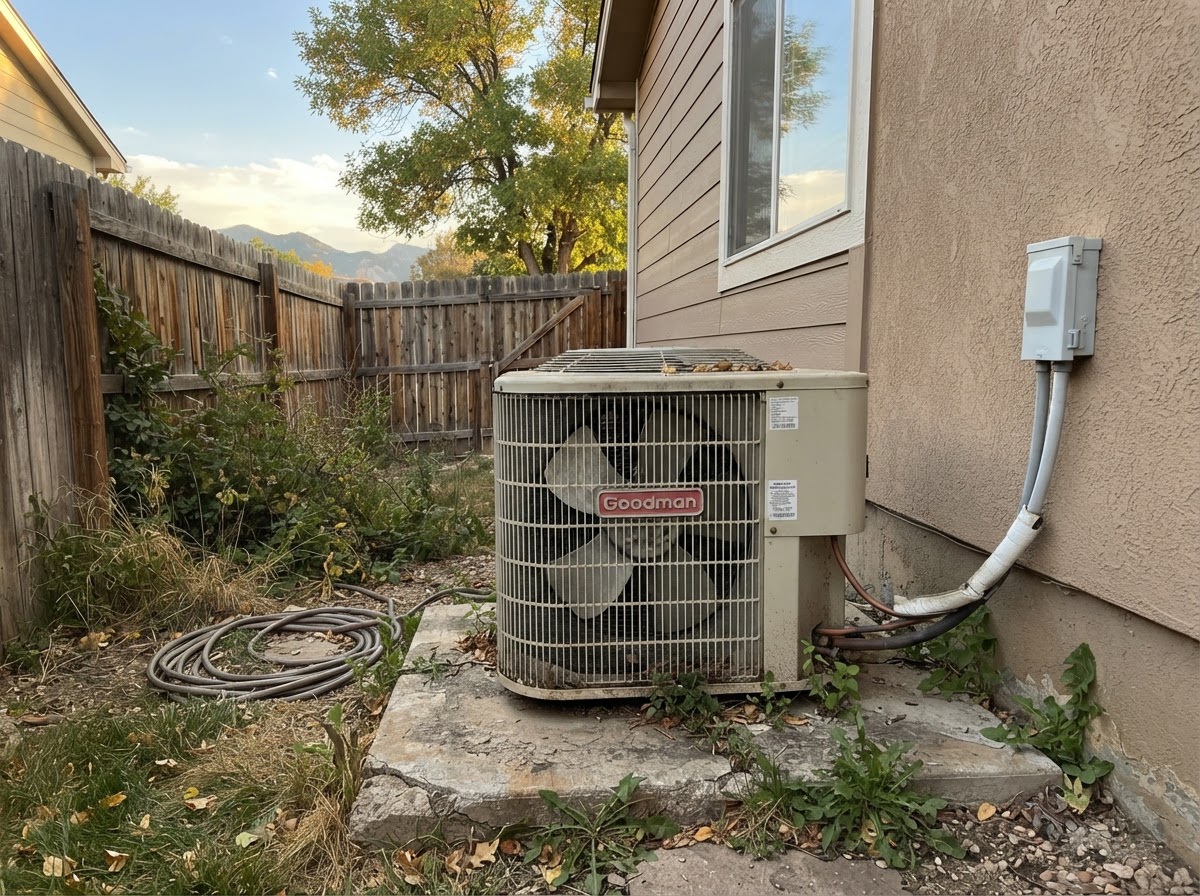Outdoor air conditioning condenser unit beside a Denver home
