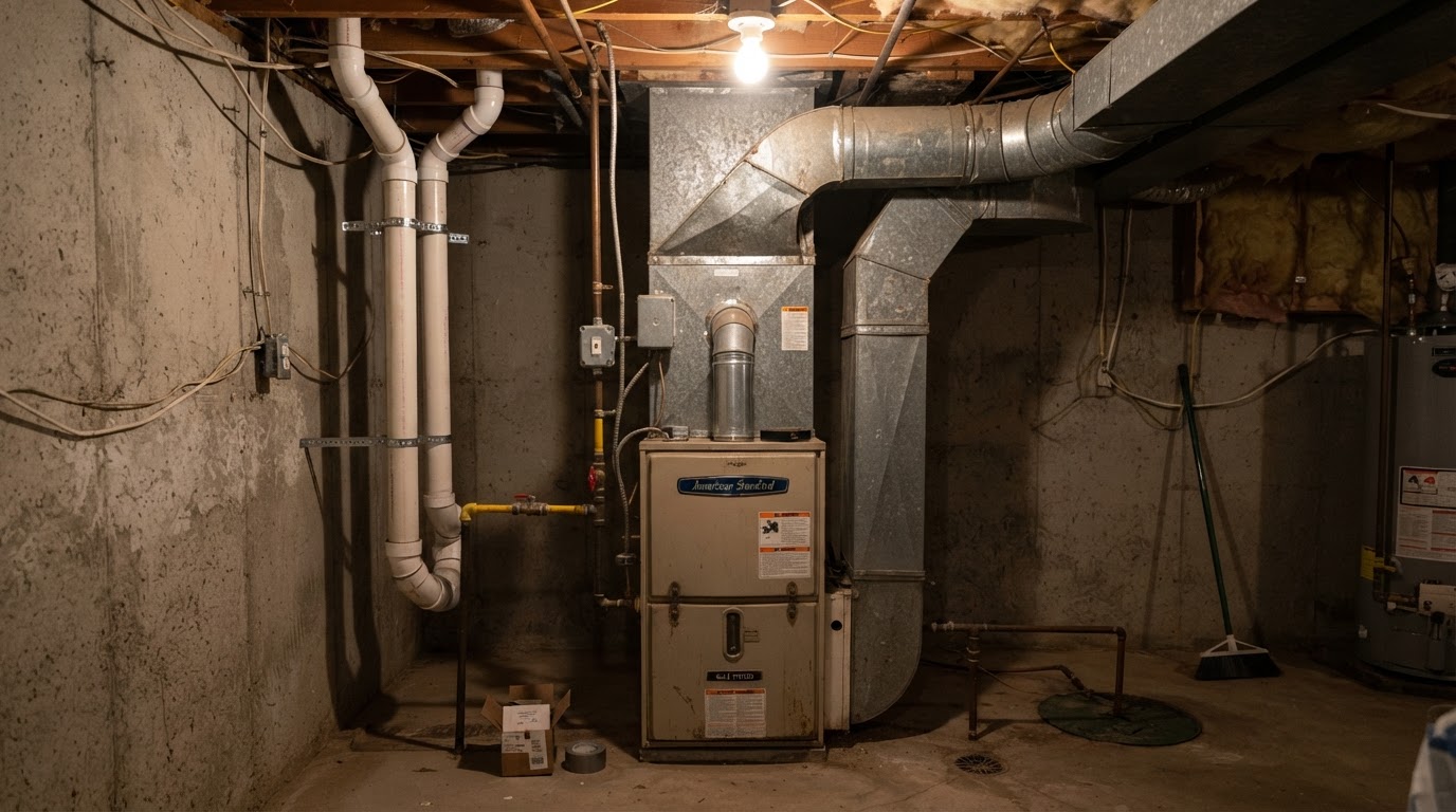 Residential furnace in a Denver basement mechanical room