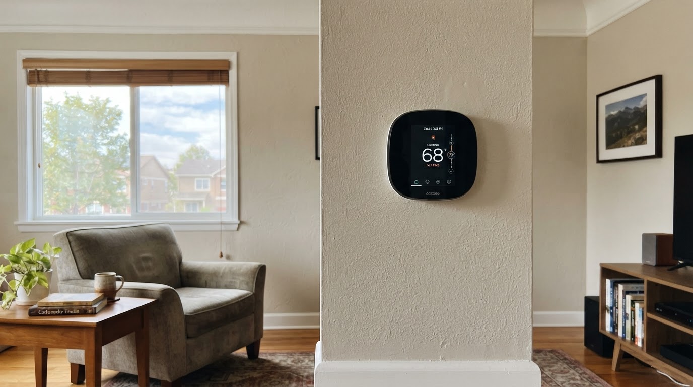 Smart thermostat on a living room wall