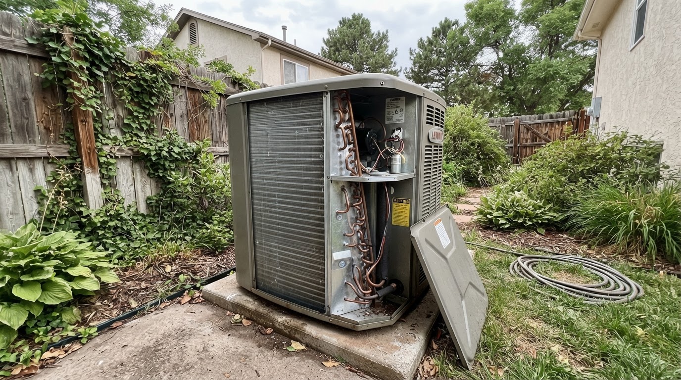 Air conditioning condenser coils during a maintenance visit in Denver