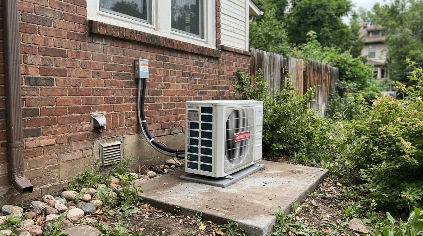 New white outdoor air conditioning condenser freshly installed beside a brick Denver home
