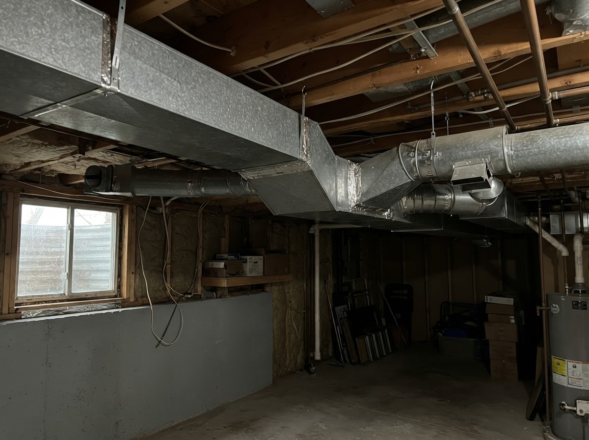 Sheet metal ductwork in a Denver basement