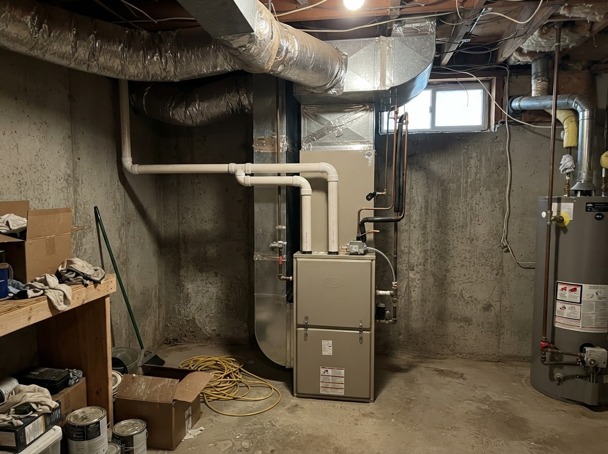 Furnace and air handler in a basement mechanical room