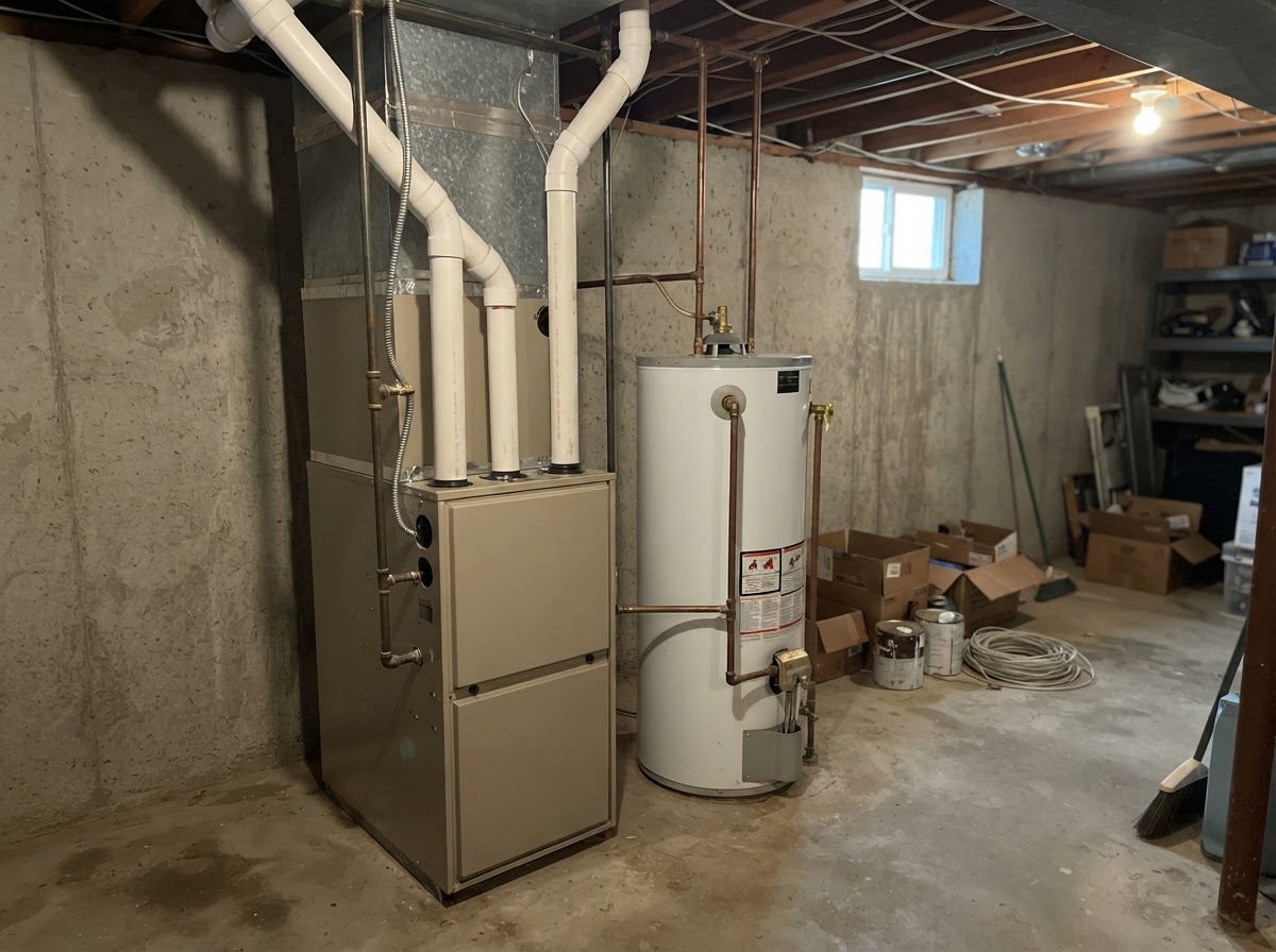 Residential mechanical room with furnace and water heater in a Denver home