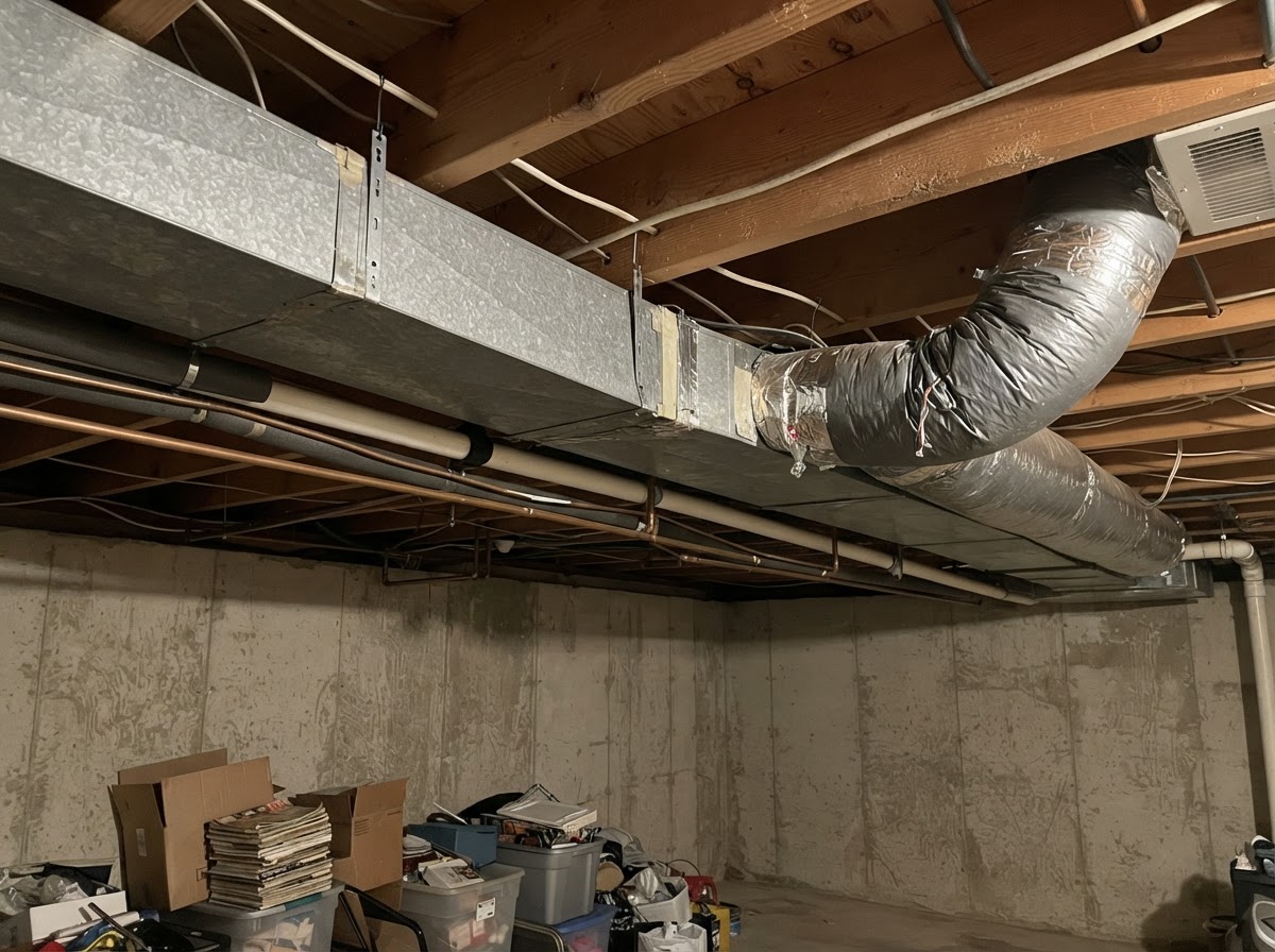 HVAC ductwork running along a basement ceiling