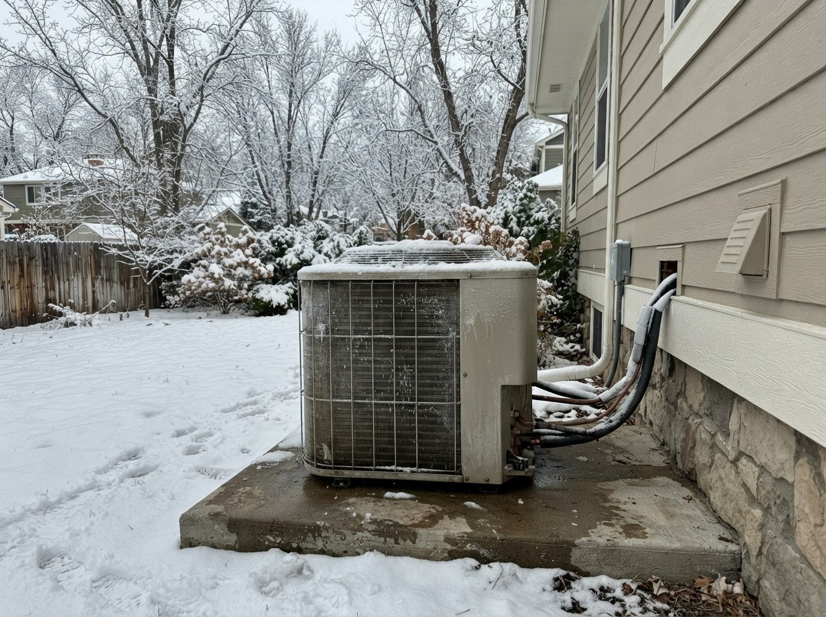 Residential outdoor heat pump unit in winter