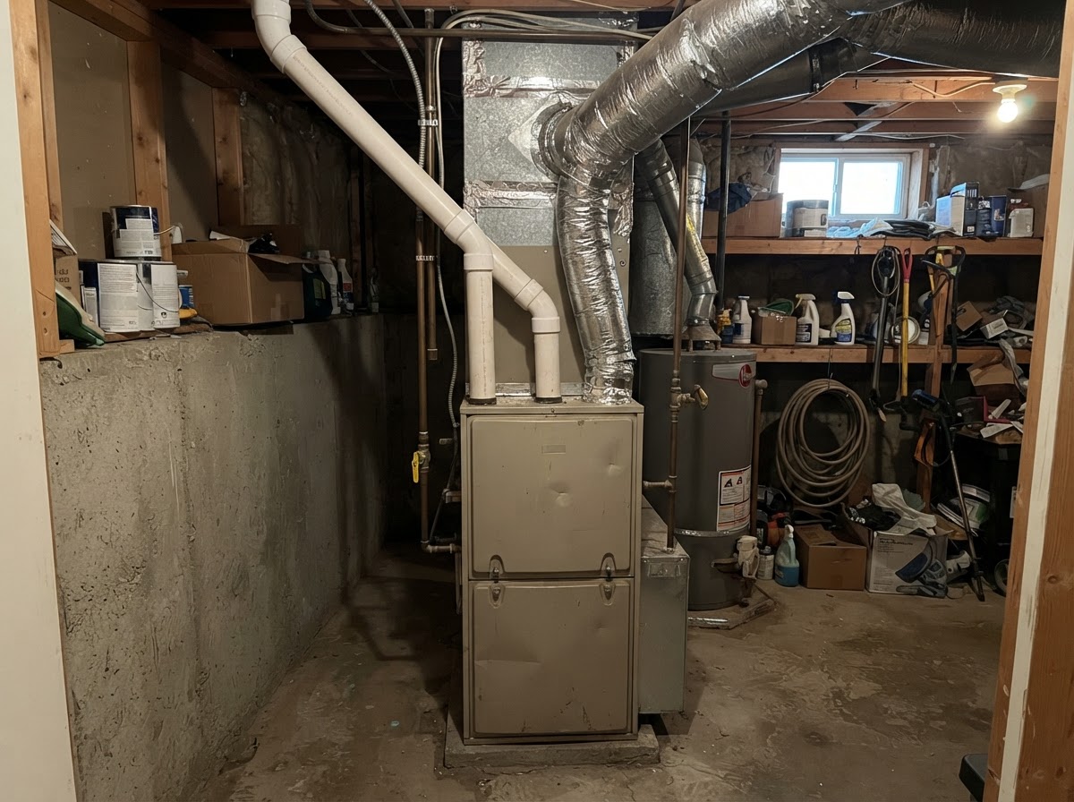 Residential gas furnace installed in a Denver basement utility closet