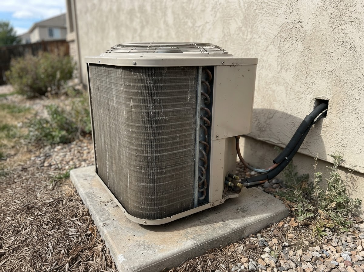 Outdoor air conditioning condenser unit beside a Denver home